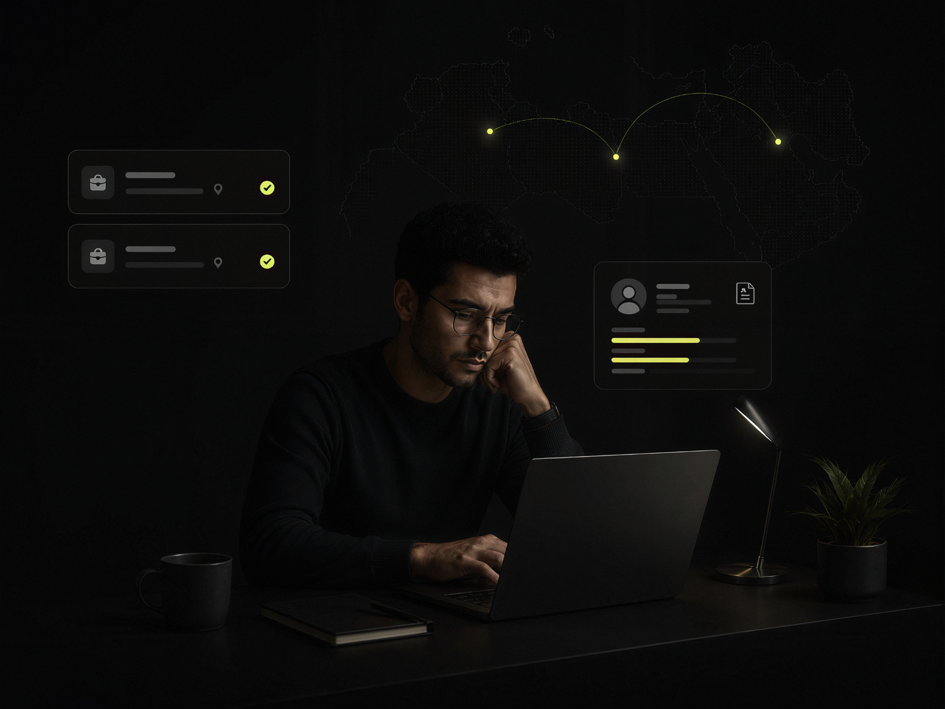 A focused job seeker working on their application at night